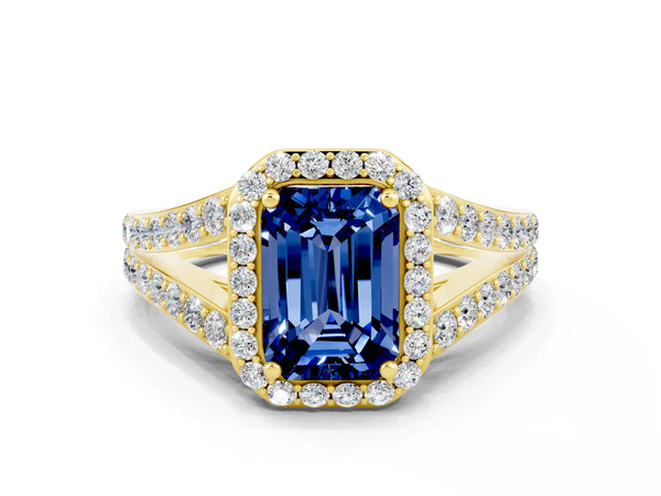 Yellow gold Emerald Cut Blue Sapphire Split Shank Halo Ring with Four-Prong Setting