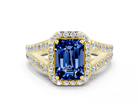 Yellow gold Emerald Cut Blue Sapphire Split Shank Halo Ring with Four-Prong Setting_12