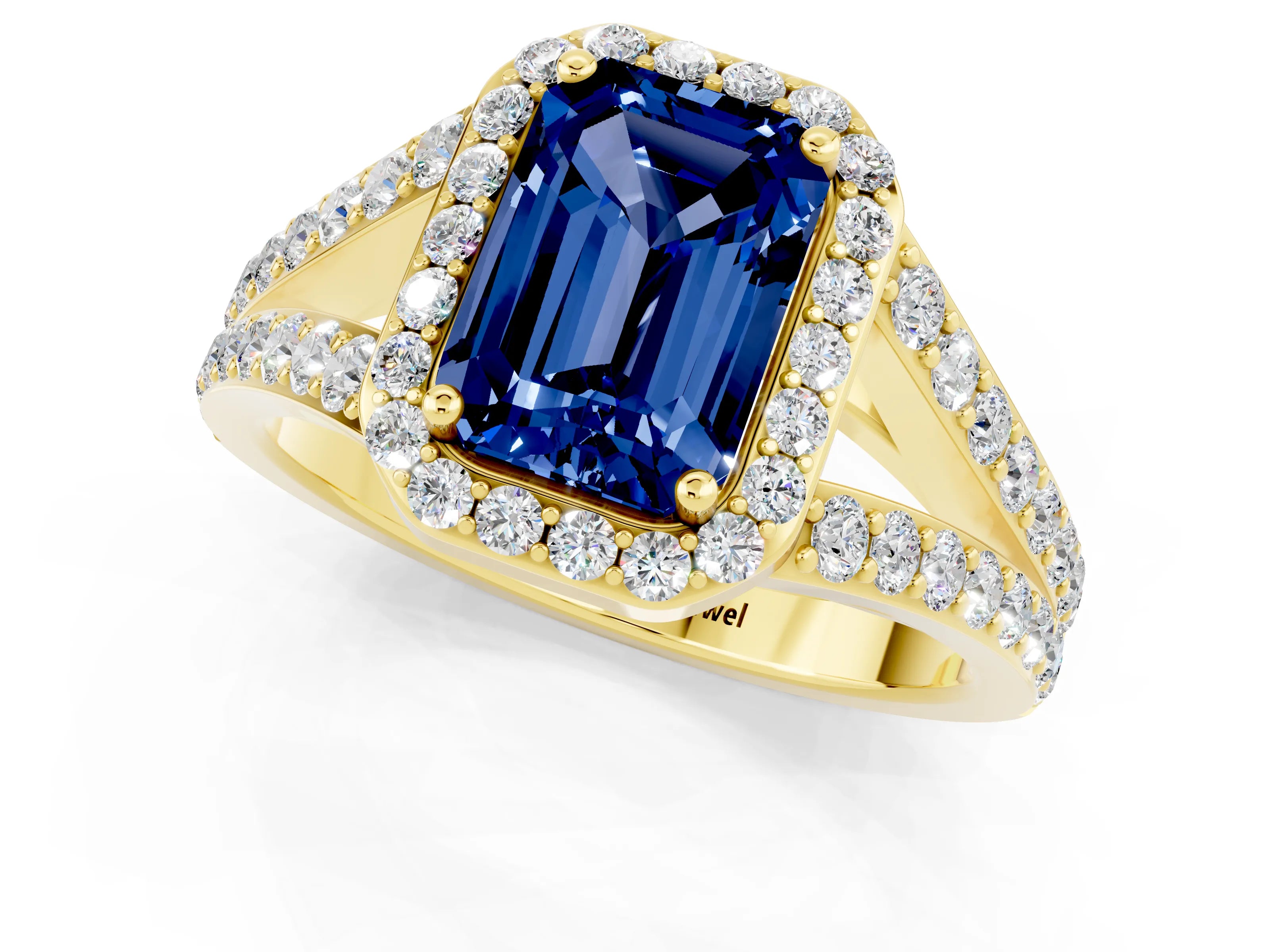 Yellow gold Emerald Cut Blue Sapphire Split Shank Halo Ring with Four-Prong Setting_13