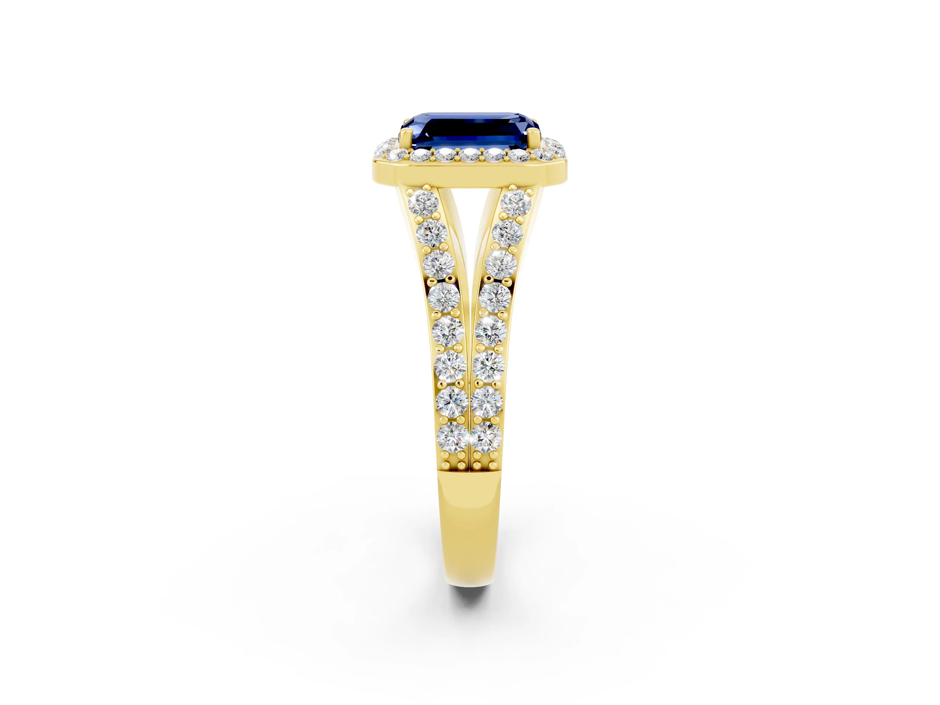 Yellow gold Emerald Cut Blue Sapphire Split Shank Halo Ring with Four-Prong Setting_14