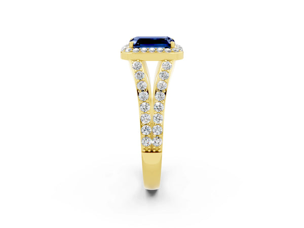 Yellow gold Emerald Cut Blue Sapphire Split Shank Halo Ring with Four-Prong Setting