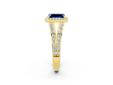 Yellow gold Emerald Cut Blue Sapphire Split Shank Halo Ring with Four-Prong Setting_14