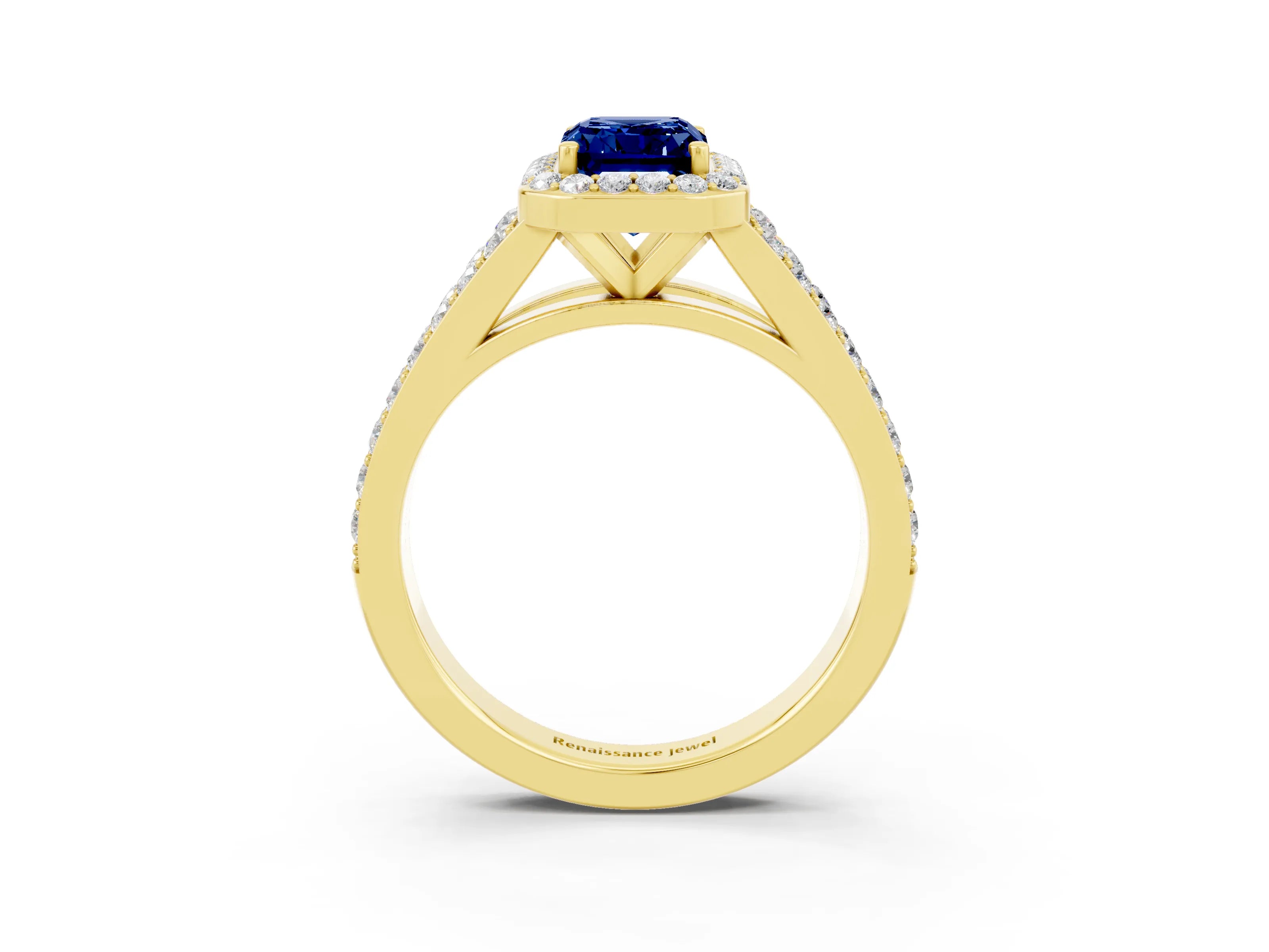 Yellow gold Emerald Cut Blue Sapphire Split Shank Halo Ring with Four-Prong Setting_15