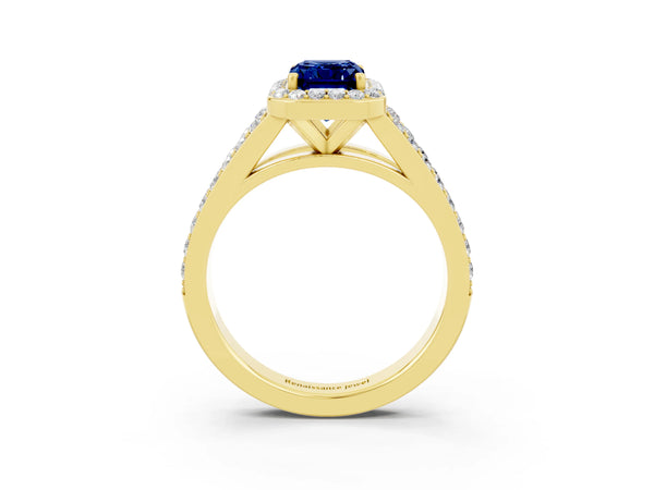 Yellow gold Emerald Cut Blue Sapphire Split Shank Halo Ring with Four-Prong Setting