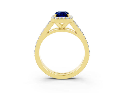 Yellow gold Emerald Cut Blue Sapphire Split Shank Halo Ring with Four-Prong Setting_15