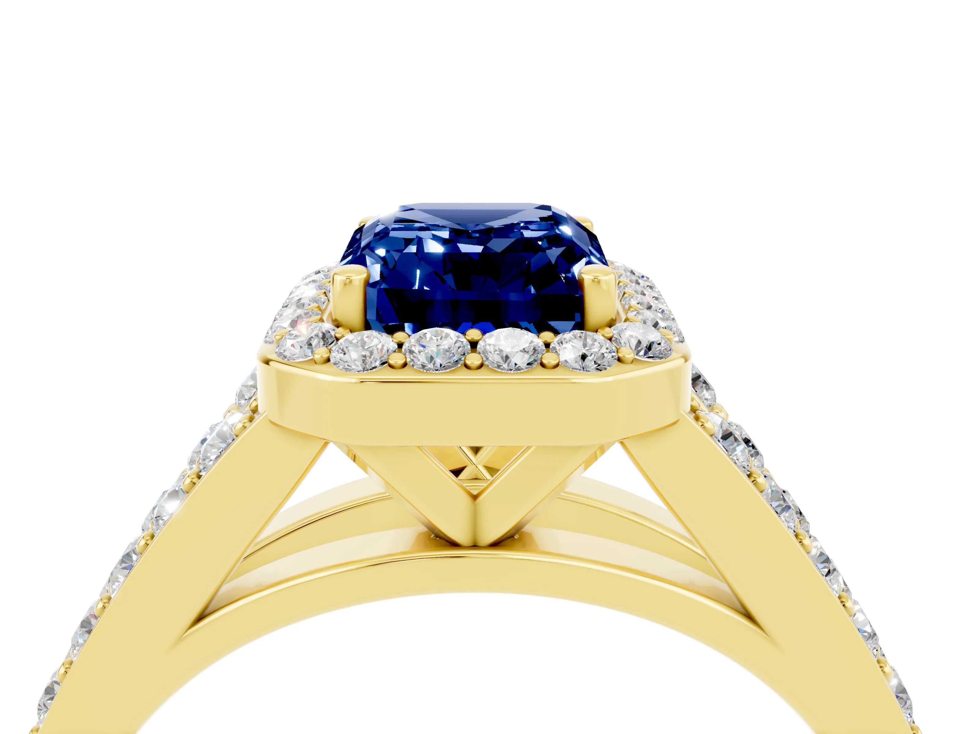 Yellow gold Emerald Cut Blue Sapphire Split Shank Halo Ring with Four-Prong Setting_16