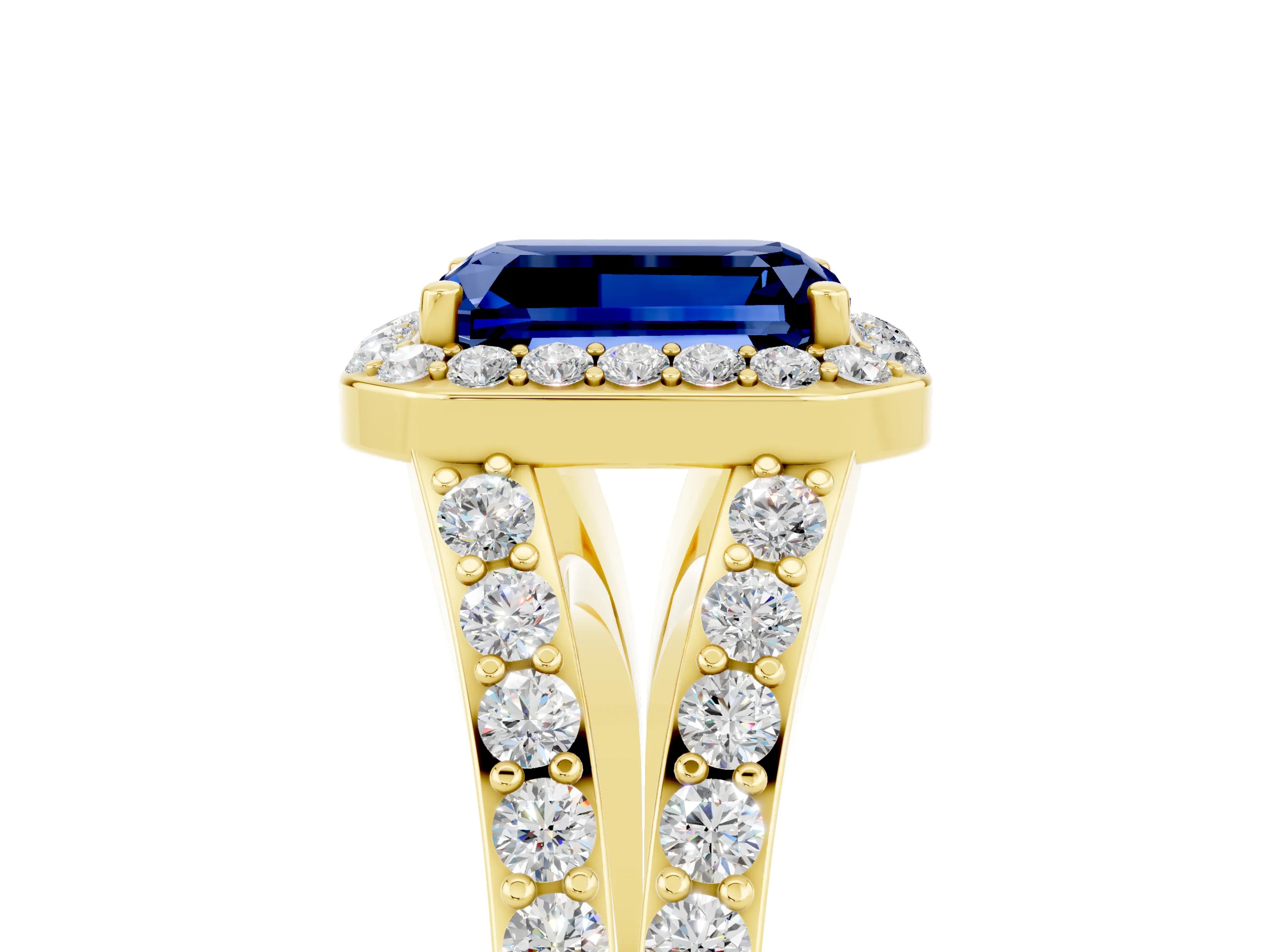 Yellow gold Emerald Cut Blue Sapphire Split Shank Halo Ring with Four-Prong Setting_17