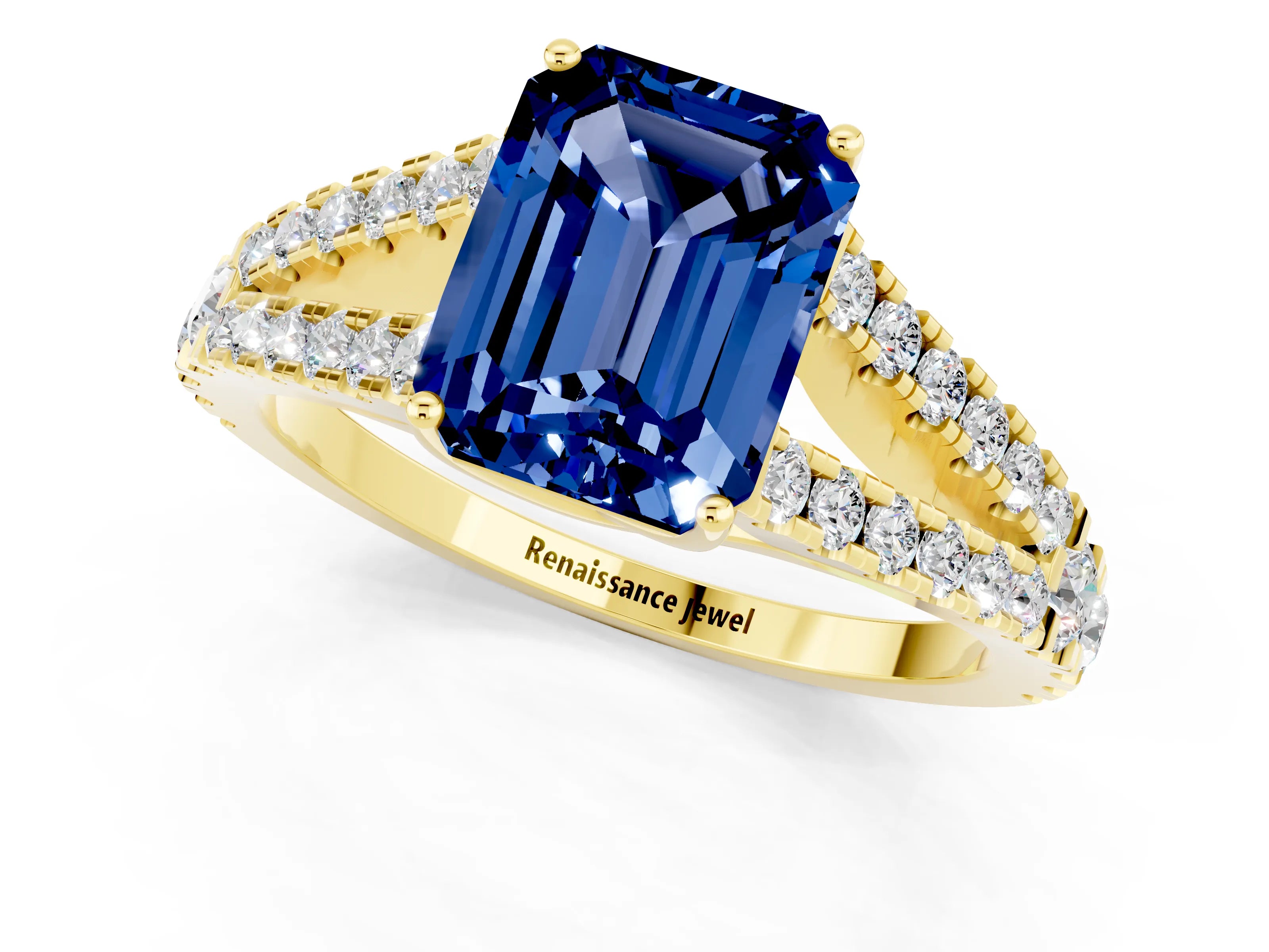 Yellow gold Emerald Cut Blue Sapphire Split Shank Pavé Engagement Ring with Four-Prong Setting_25