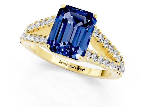 Yellow gold Emerald Cut Blue Sapphire Split Shank Pavé Engagement Ring with Four-Prong Setting_25