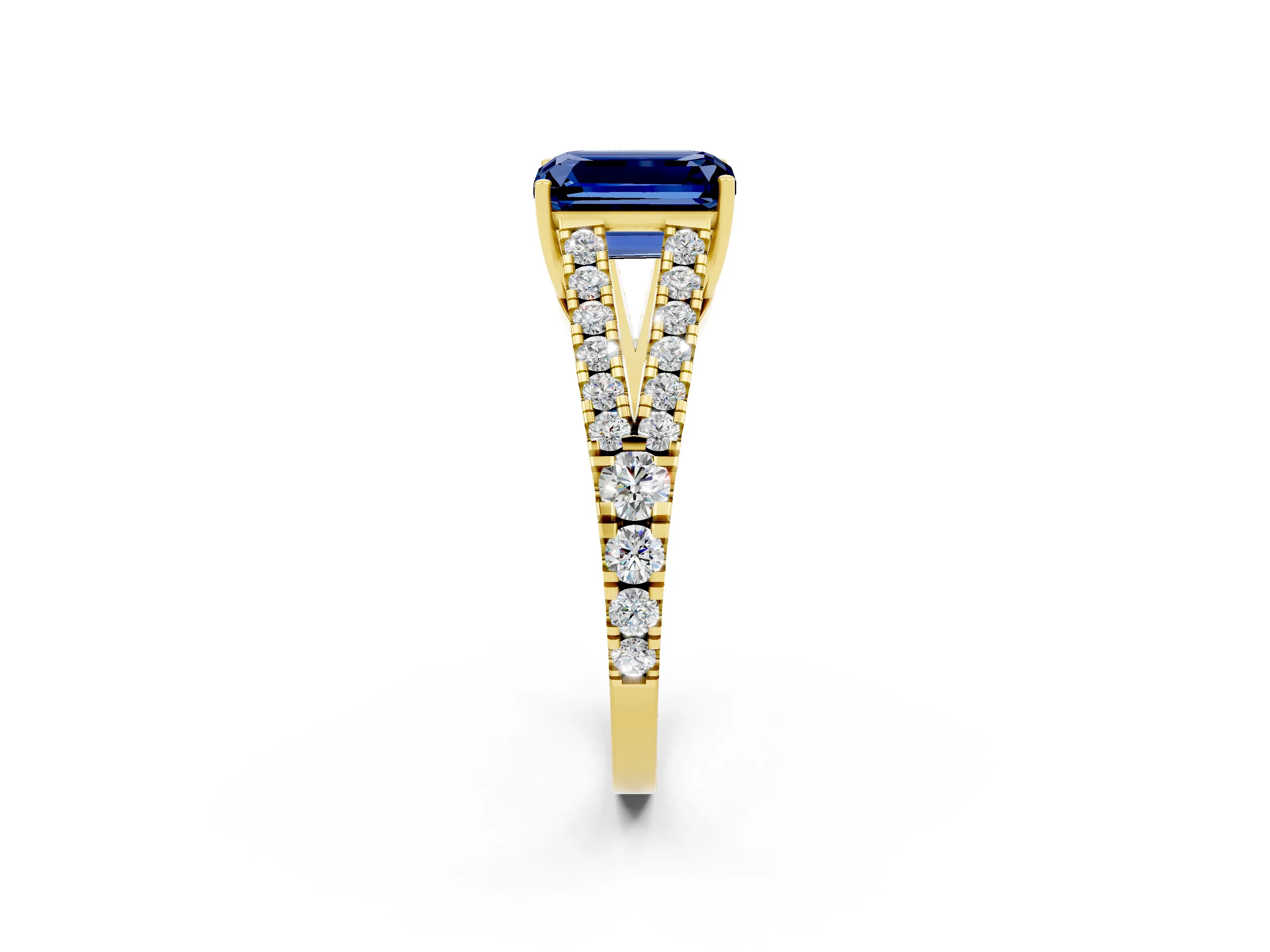 Yellow gold Emerald Cut Blue Sapphire Split Shank Pavé Engagement Ring with Four-Prong Setting_26