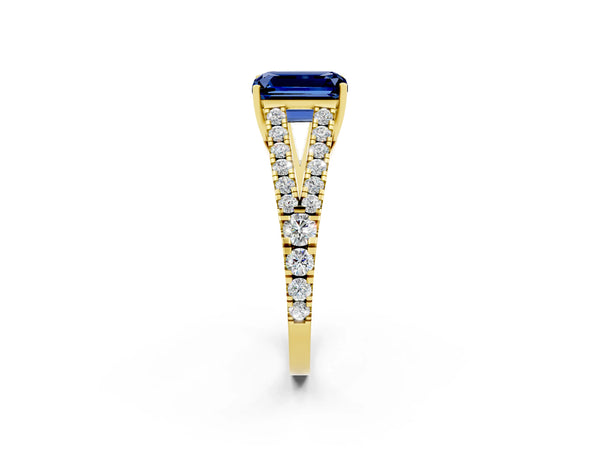 Yellow gold Emerald Cut Blue Sapphire Split Shank Pavé Engagement Ring with Four-Prong Setting