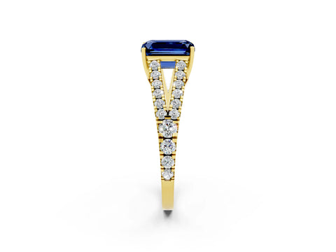 Yellow gold Emerald Cut Blue Sapphire Split Shank Pavé Engagement Ring with Four-Prong Setting_26