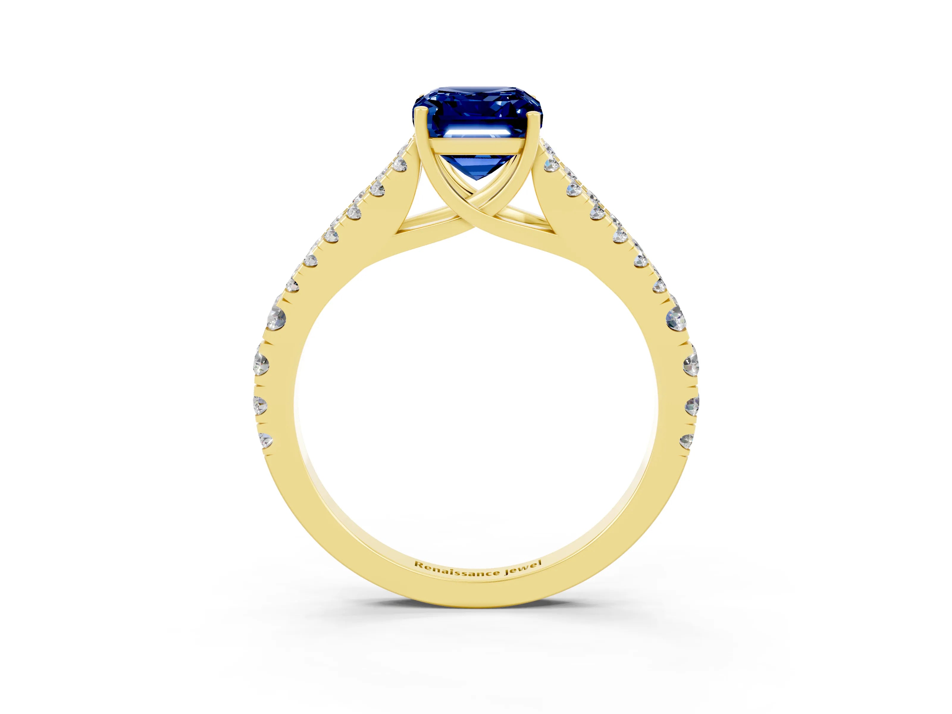 Yellow gold Emerald Cut Blue Sapphire Split Shank Pavé Engagement Ring with Four-Prong Setting_27