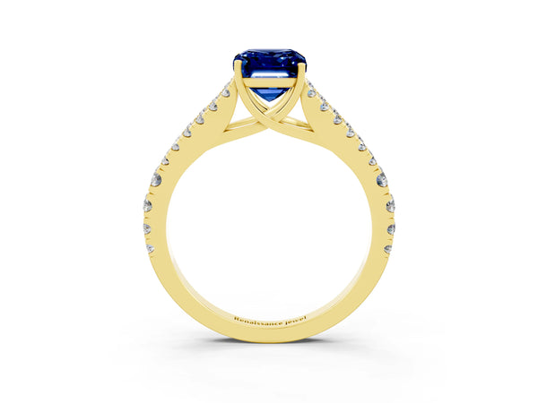 Yellow gold Emerald Cut Blue Sapphire Split Shank Pavé Engagement Ring with Four-Prong Setting