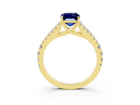 Yellow gold Emerald Cut Blue Sapphire Split Shank Pavé Engagement Ring with Four-Prong Setting_27