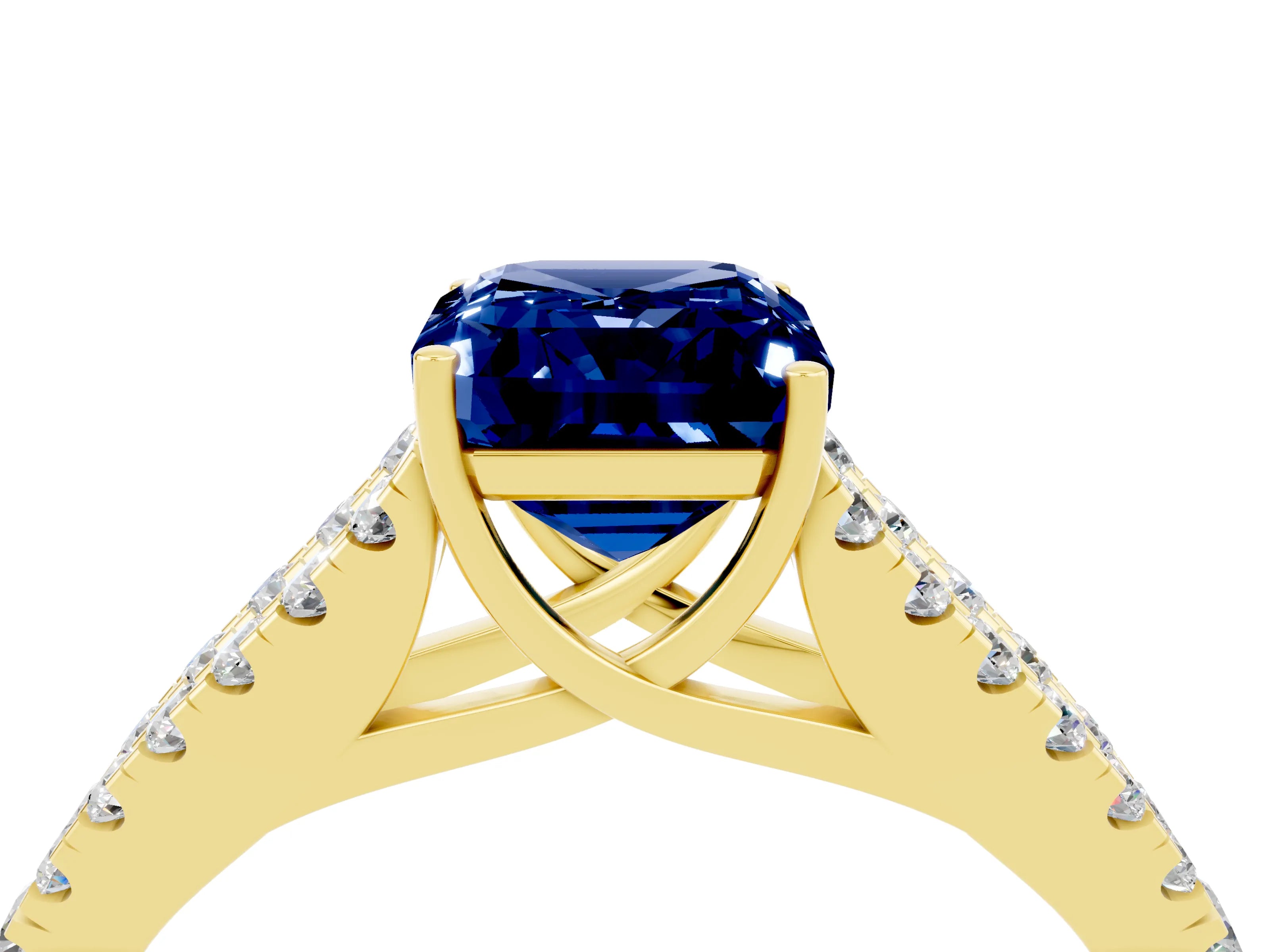 Yellow gold Emerald Cut Blue Sapphire Split Shank Pavé Engagement Ring with Four-Prong Setting_28