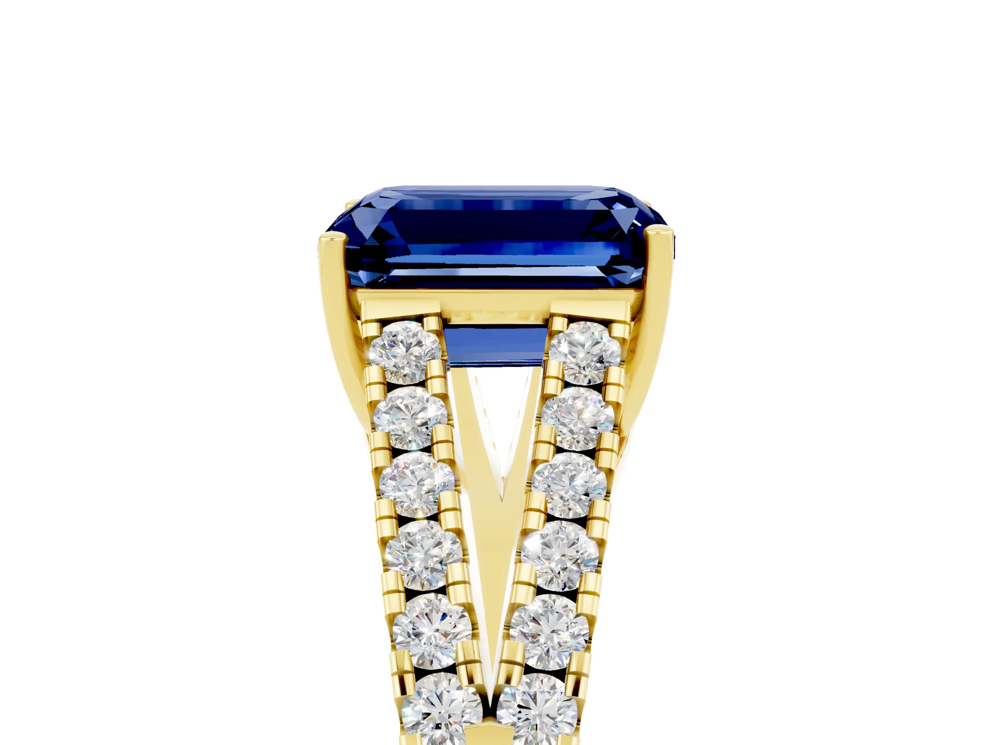 Yellow gold Emerald Cut Blue Sapphire Split Shank Pavé Engagement Ring with Four-Prong Setting_29
