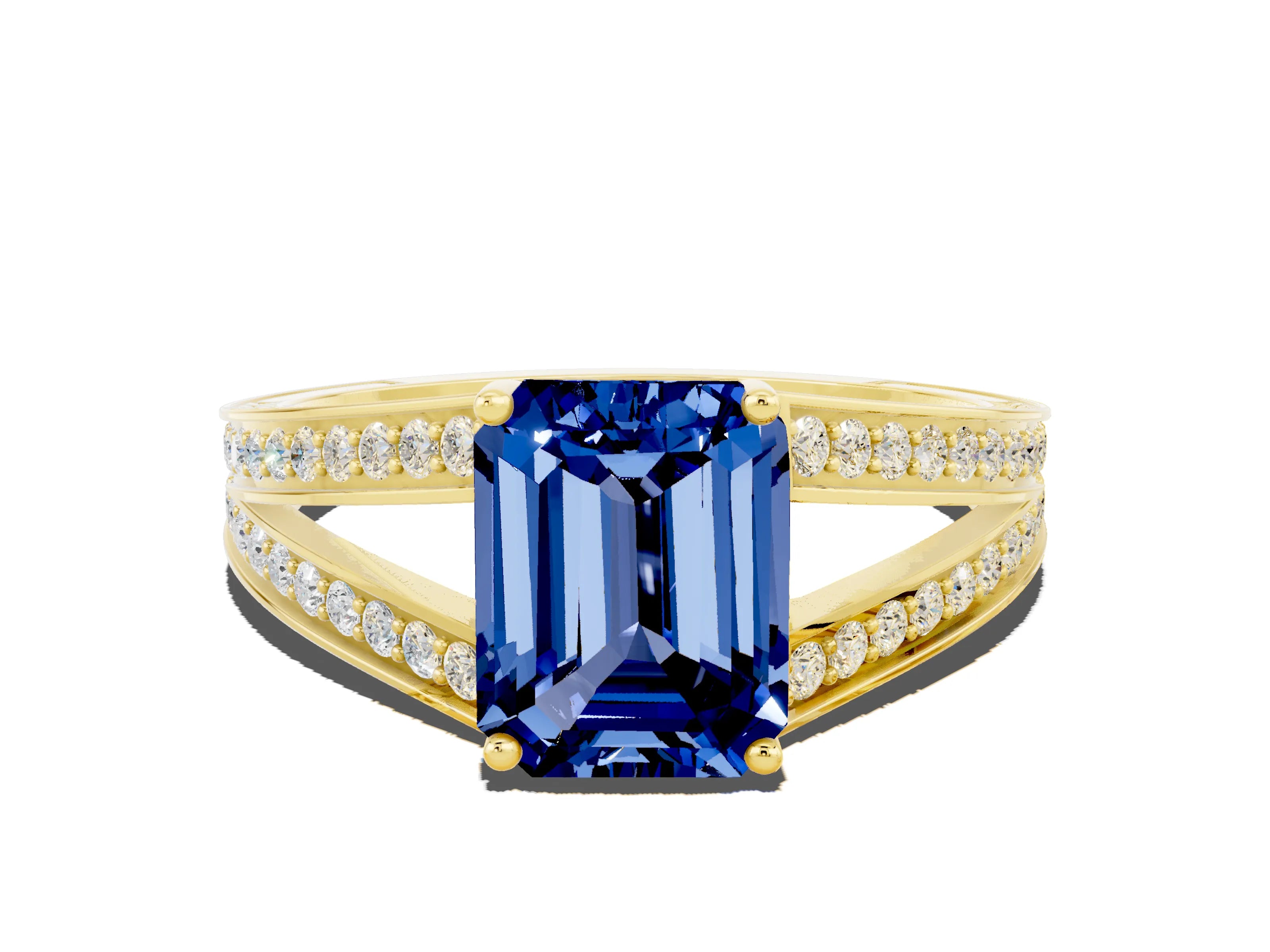 Yellow gold Emerald Cut Blue Sapphire Split Shank Ring with Pavé Band and Four-Prong Setting
