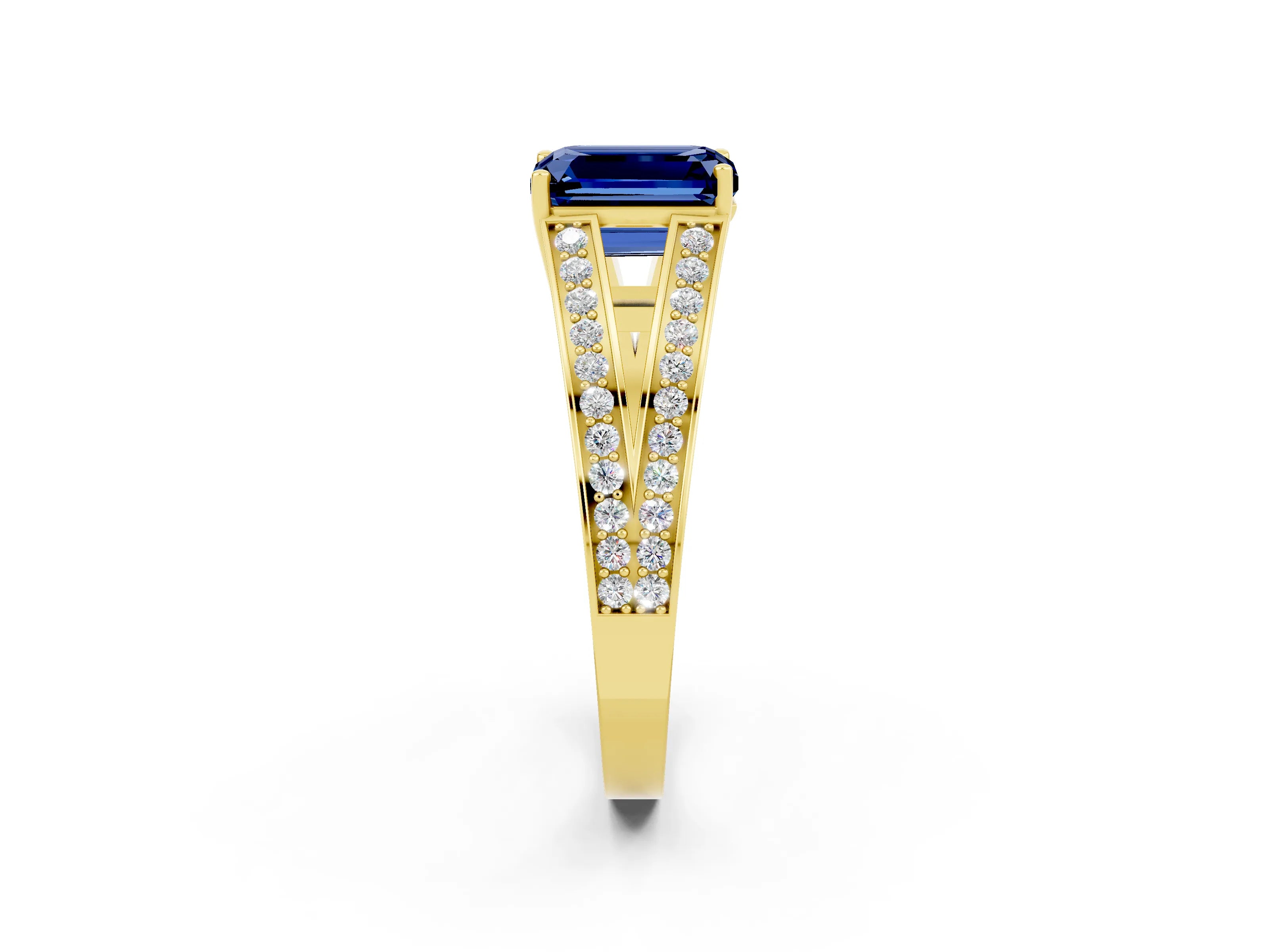 Yellow gold Emerald Cut Blue Sapphire Split Shank Ring with Pavé Band and Four-Prong Setting_2