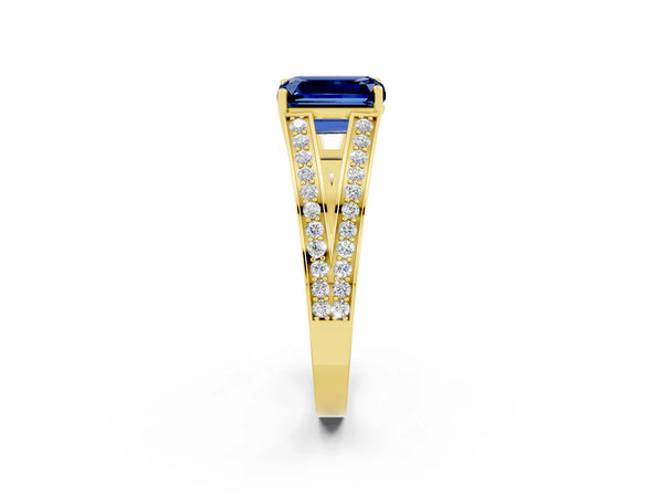 Yellow gold Emerald Cut Blue Sapphire Split Shank Ring with Pavé Band and Four-Prong Setting