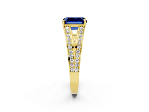 Yellow gold Emerald Cut Blue Sapphire Split Shank Ring with Pavé Band and Four-Prong Setting_2