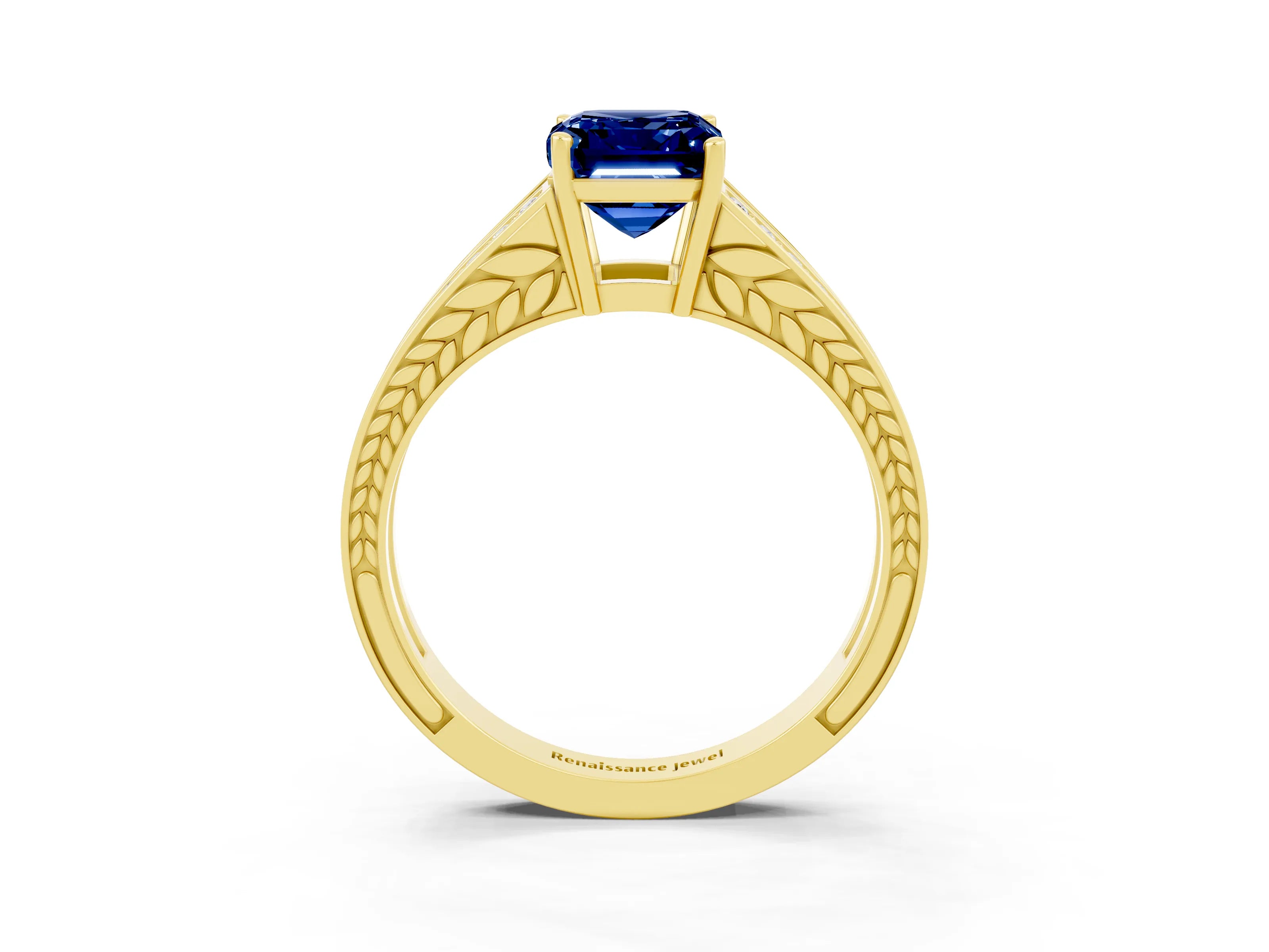 Yellow gold Emerald Cut Blue Sapphire Split Shank Ring with Pavé Band and Four-Prong Setting_3