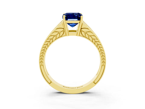 Yellow gold Emerald Cut Blue Sapphire Split Shank Ring with Pavé Band and Four-Prong Setting_3