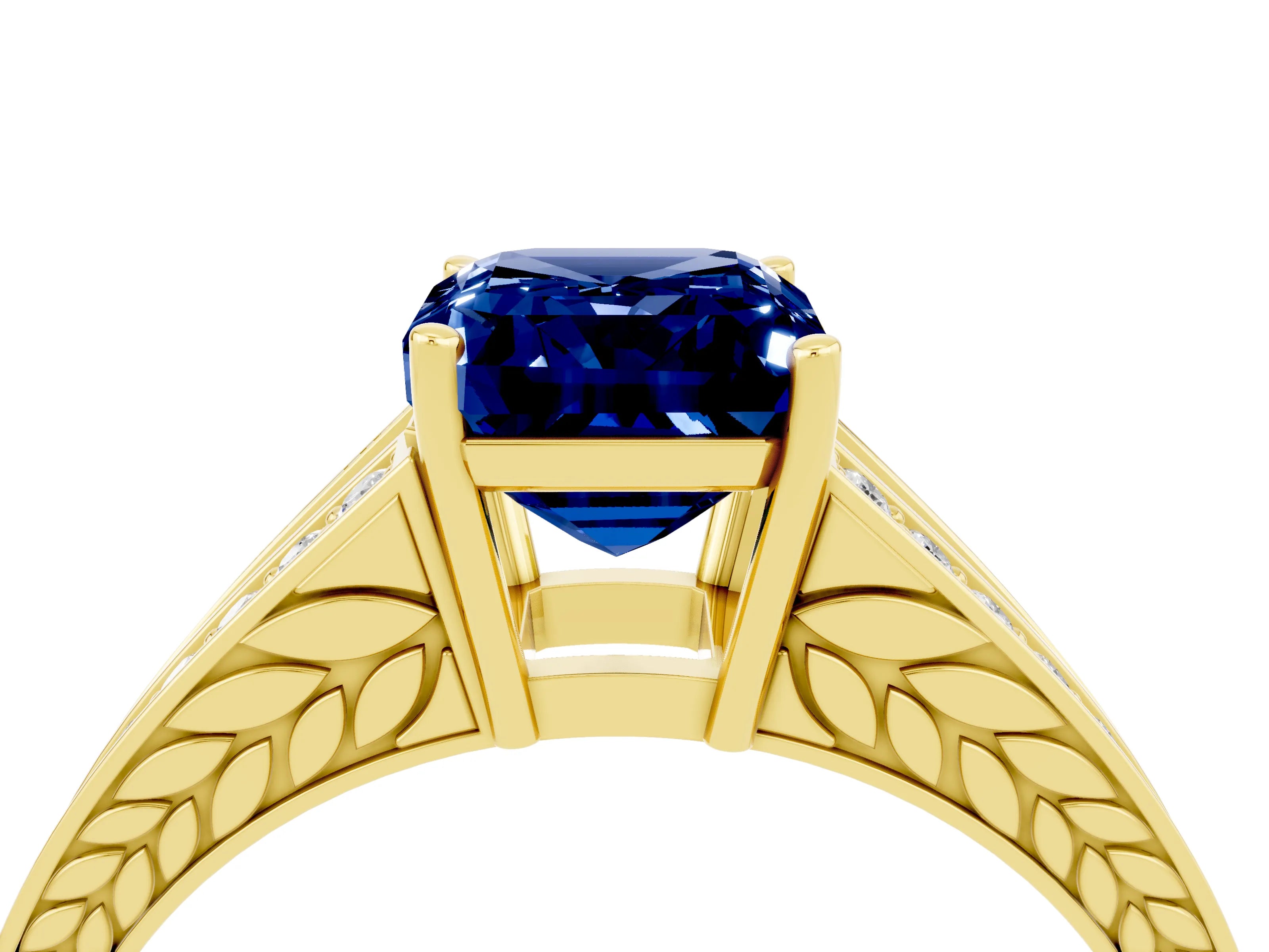 Yellow gold Emerald Cut Blue Sapphire Split Shank Ring with Pavé Band and Four-Prong Setting_4