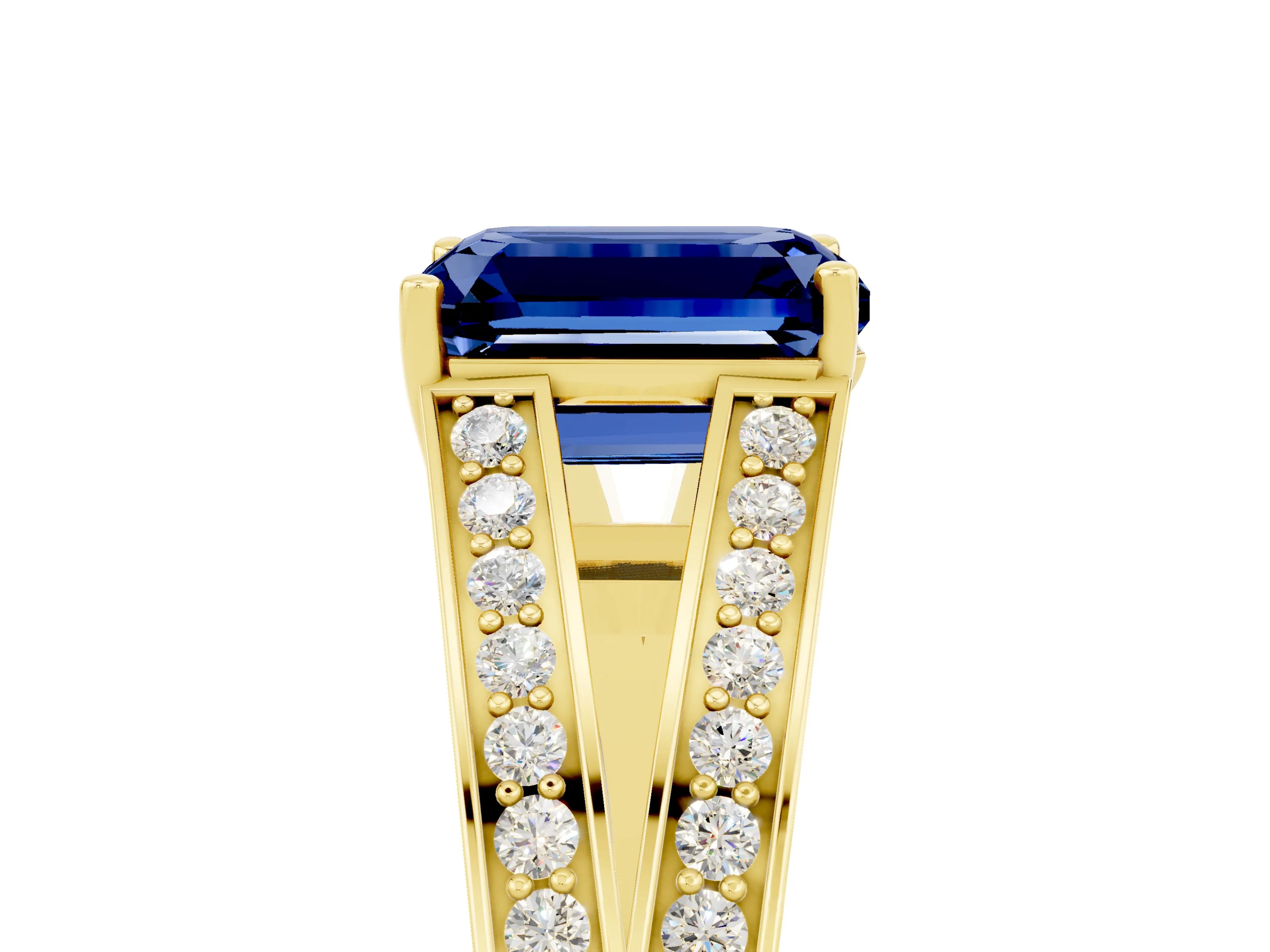 Yellow gold Emerald Cut Blue Sapphire Split Shank Ring with Pavé Band and Four-Prong Setting_5