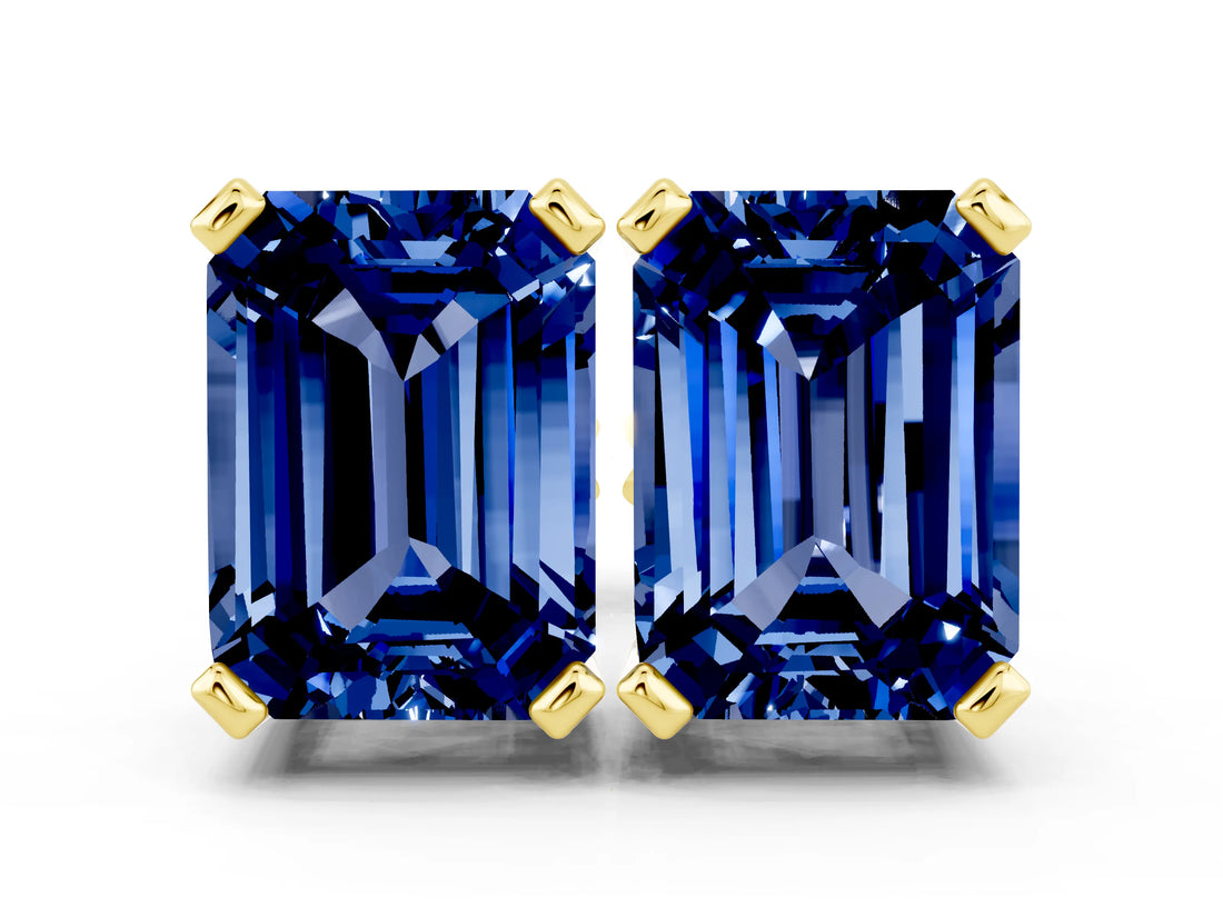 10K Yellow Gold 1.36 Carat Emerald Blue Sapphire Stud Earrings
