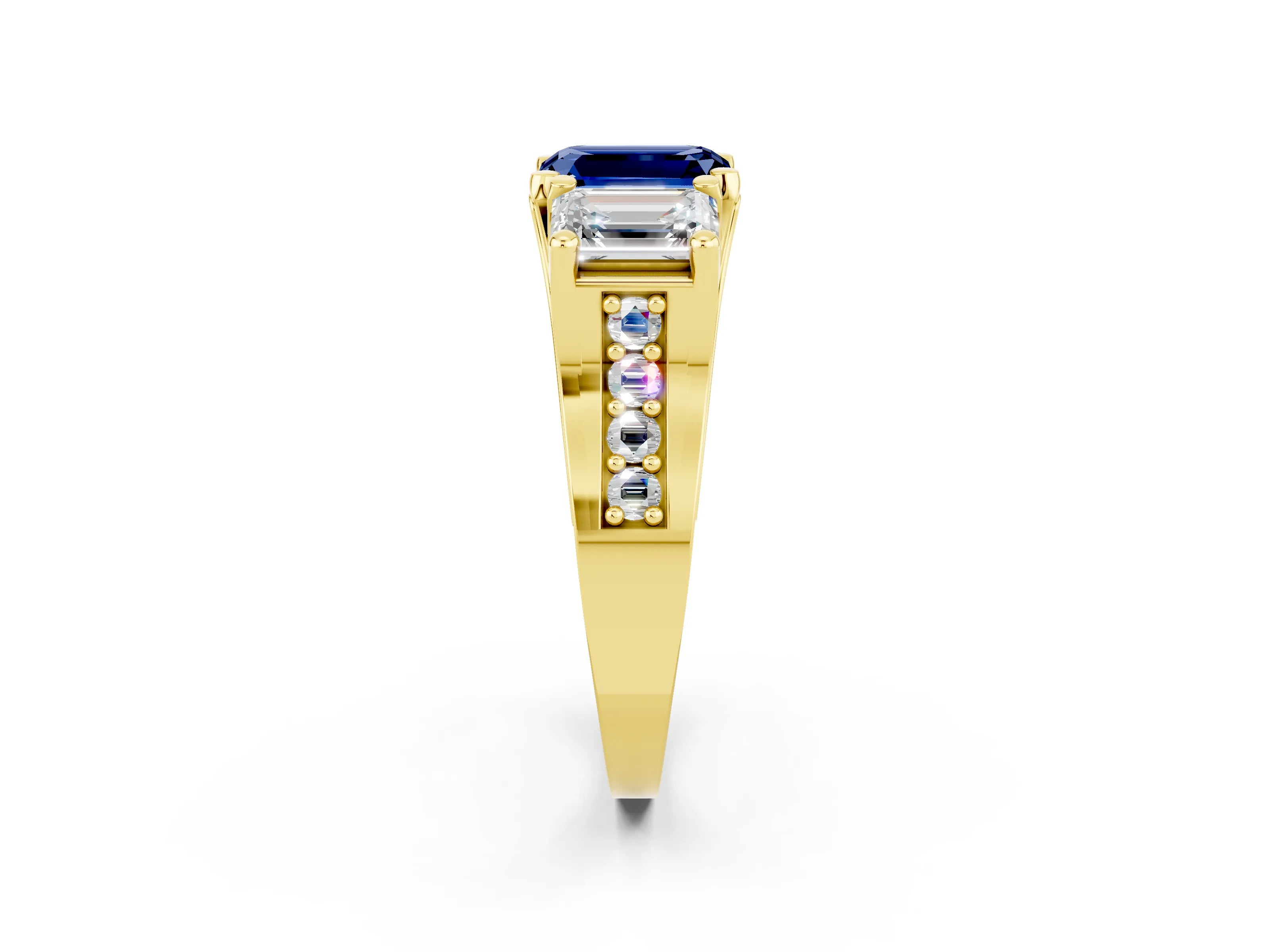 Yellow gold Emerald Cut Blue Sapphire Three-Stone Ring with Channel Set Band and Four-Prong Setting_2