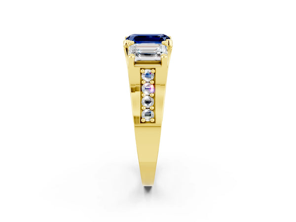 Yellow gold Emerald Cut Blue Sapphire Three-Stone Ring with Channel Set Band and Four-Prong Setting