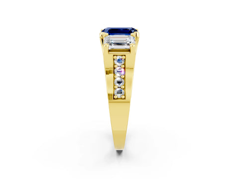 Yellow gold Emerald Cut Blue Sapphire Three-Stone Ring with Channel Set Band and Four-Prong Setting_2