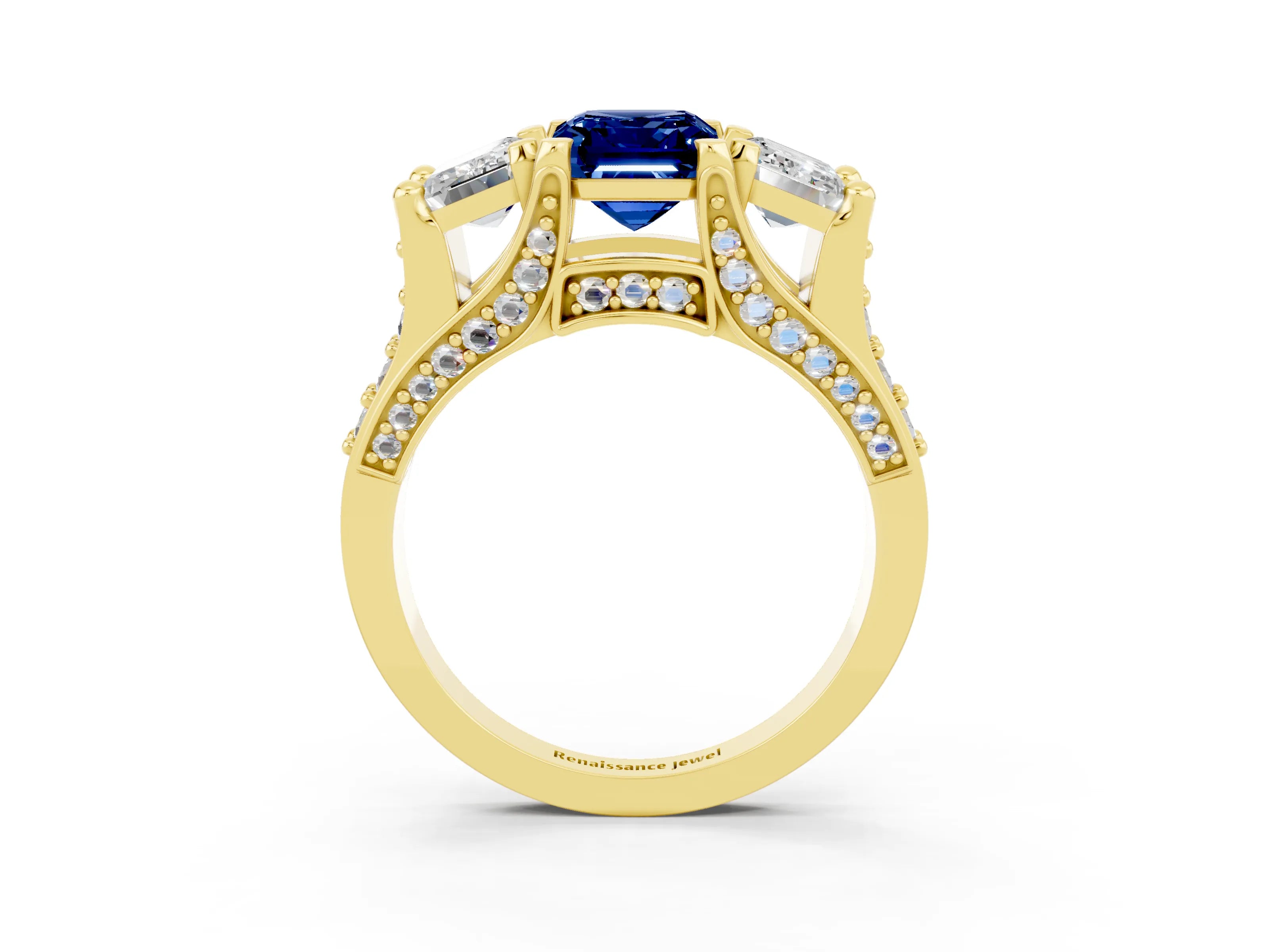 Yellow gold Emerald Cut Blue Sapphire Three-Stone Ring with Channel Set Band and Four-Prong Setting_3