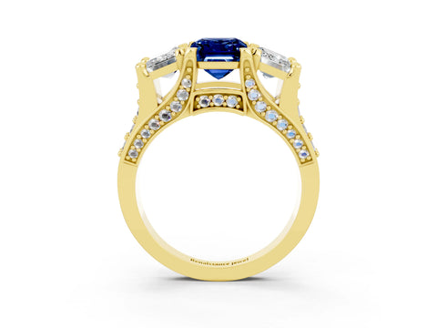 Yellow gold Emerald Cut Blue Sapphire Three-Stone Ring with Channel Set Band and Four-Prong Setting_3