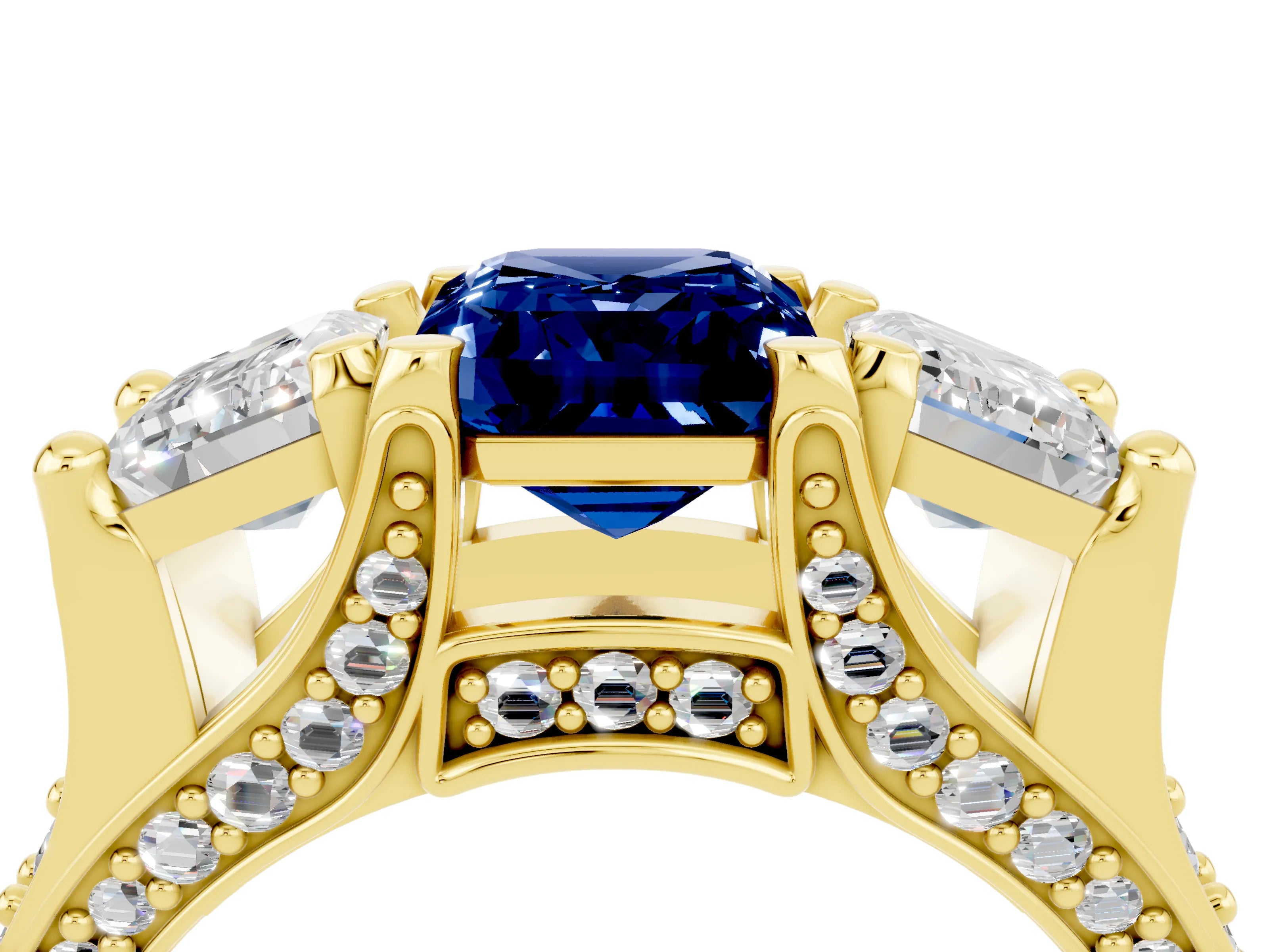 Yellow gold Emerald Cut Blue Sapphire Three-Stone Ring with Channel Set Band and Four-Prong Setting_4