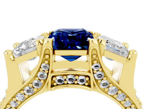 Yellow gold Emerald Cut Blue Sapphire Three-Stone Ring with Channel Set Band and Four-Prong Setting_4