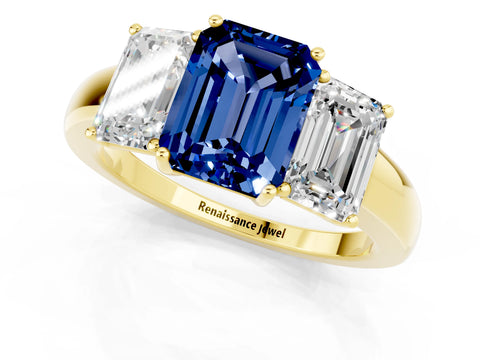 Yellow gold Emerald Cut Blue Sapphire Three-Stone Ring with Four-Prong Setting and Classic Band_1