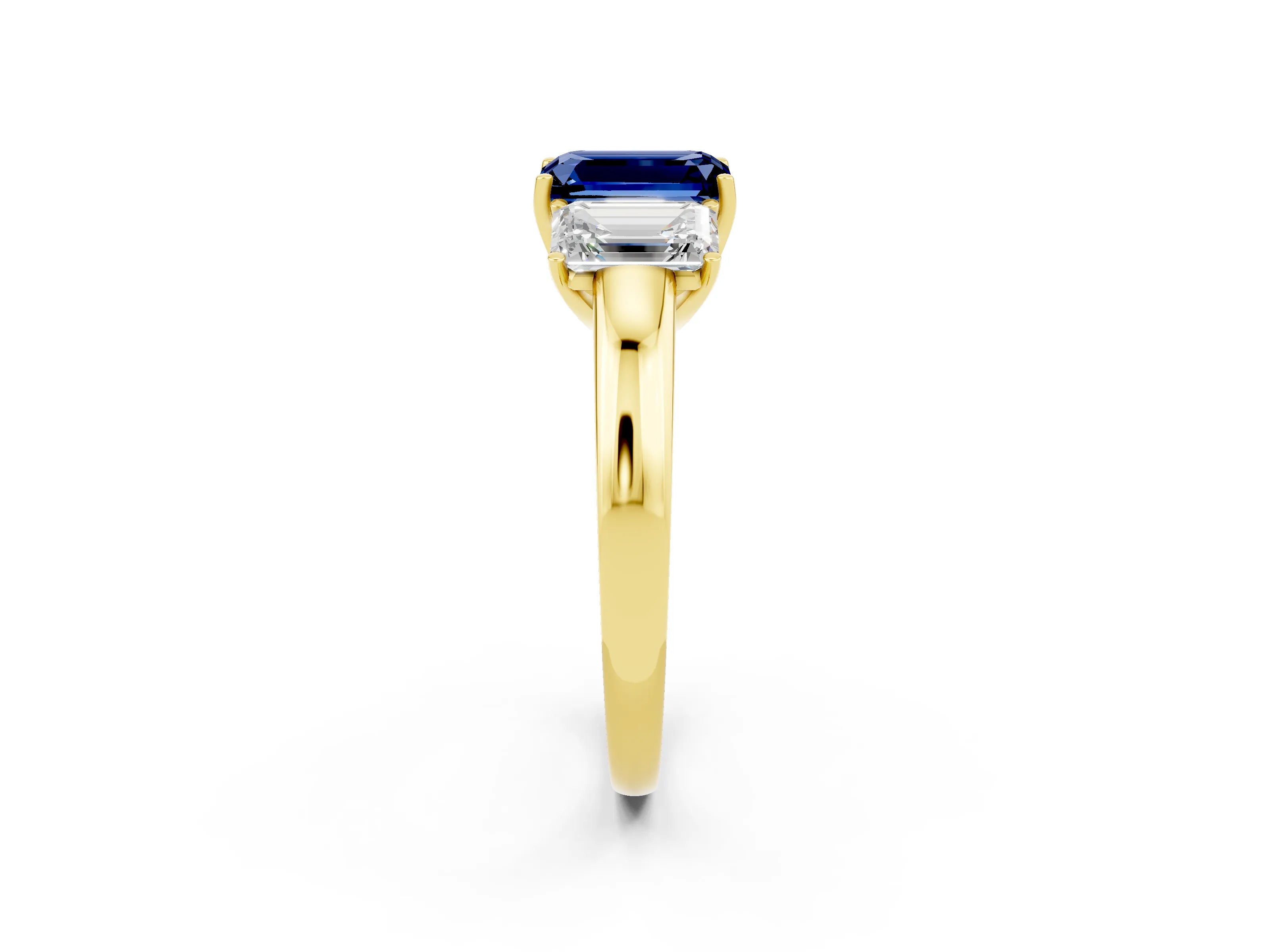 Yellow gold Emerald Cut Blue Sapphire Three-Stone Ring with Four-Prong Setting and Classic Band_2