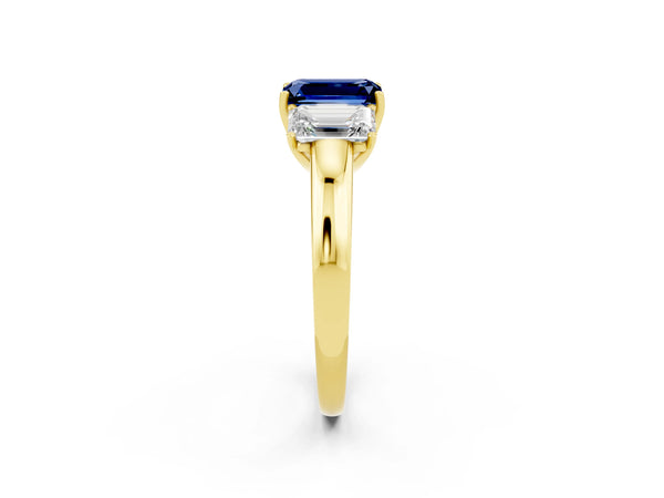 Yellow gold Emerald Cut Blue Sapphire Three-Stone Ring with Four-Prong Setting and Classic Band