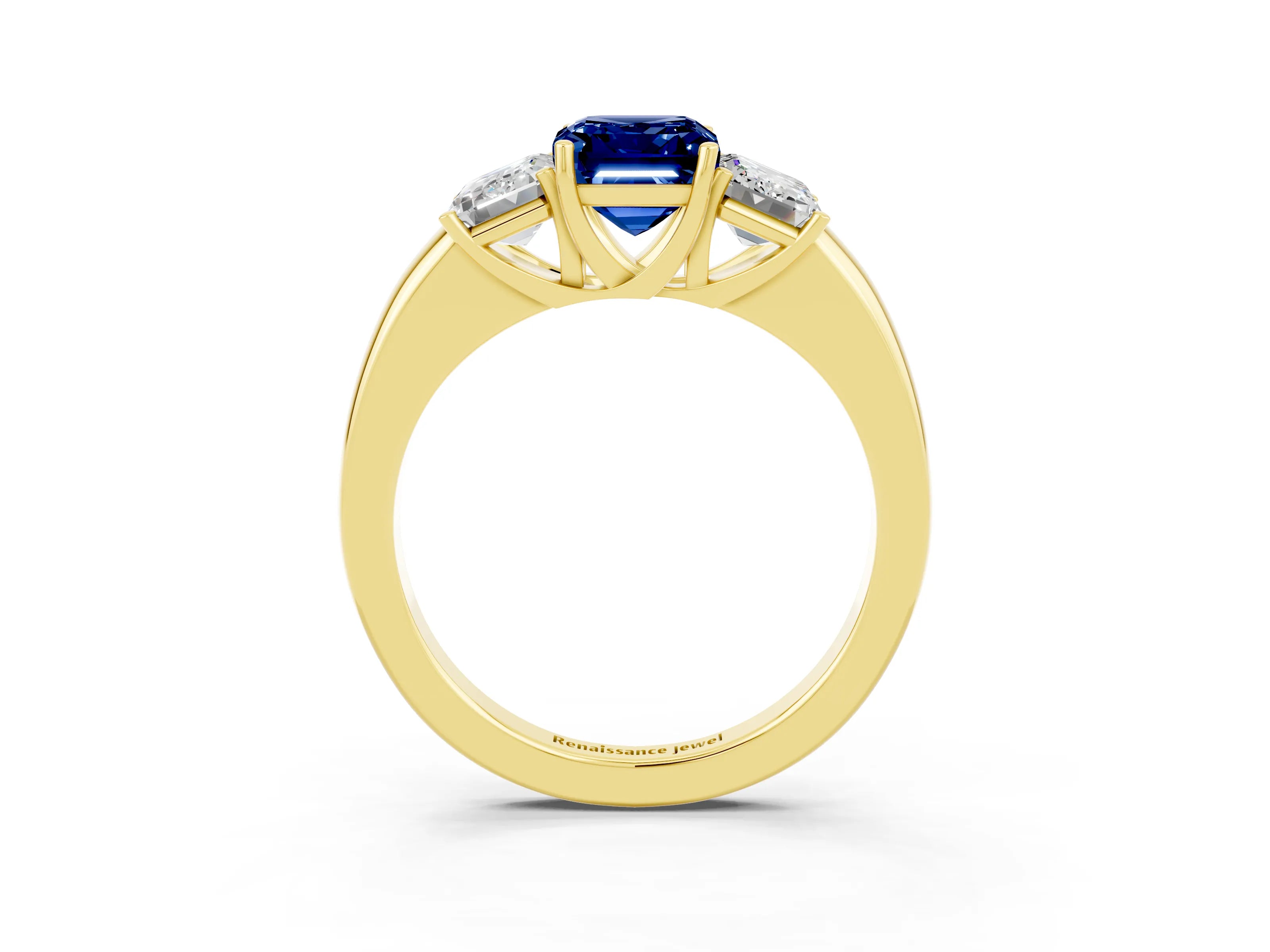 Yellow gold Emerald Cut Blue Sapphire Three-Stone Ring with Four-Prong Setting and Classic Band_3