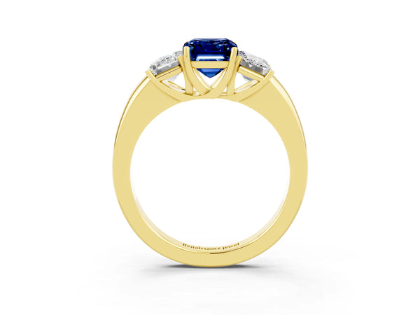 Yellow gold Emerald Cut Blue Sapphire Three-Stone Ring with Four-Prong Setting and Classic Band