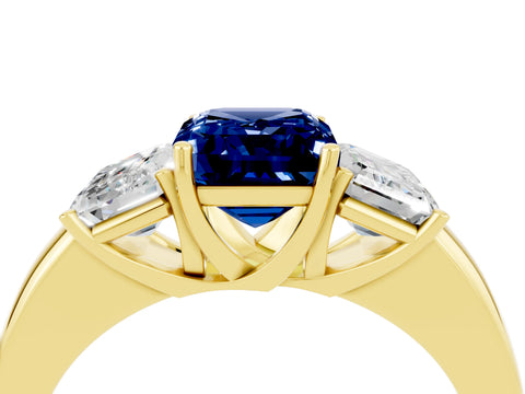 Yellow gold Emerald Cut Blue Sapphire Three-Stone Ring with Four-Prong Setting and Classic Band_4