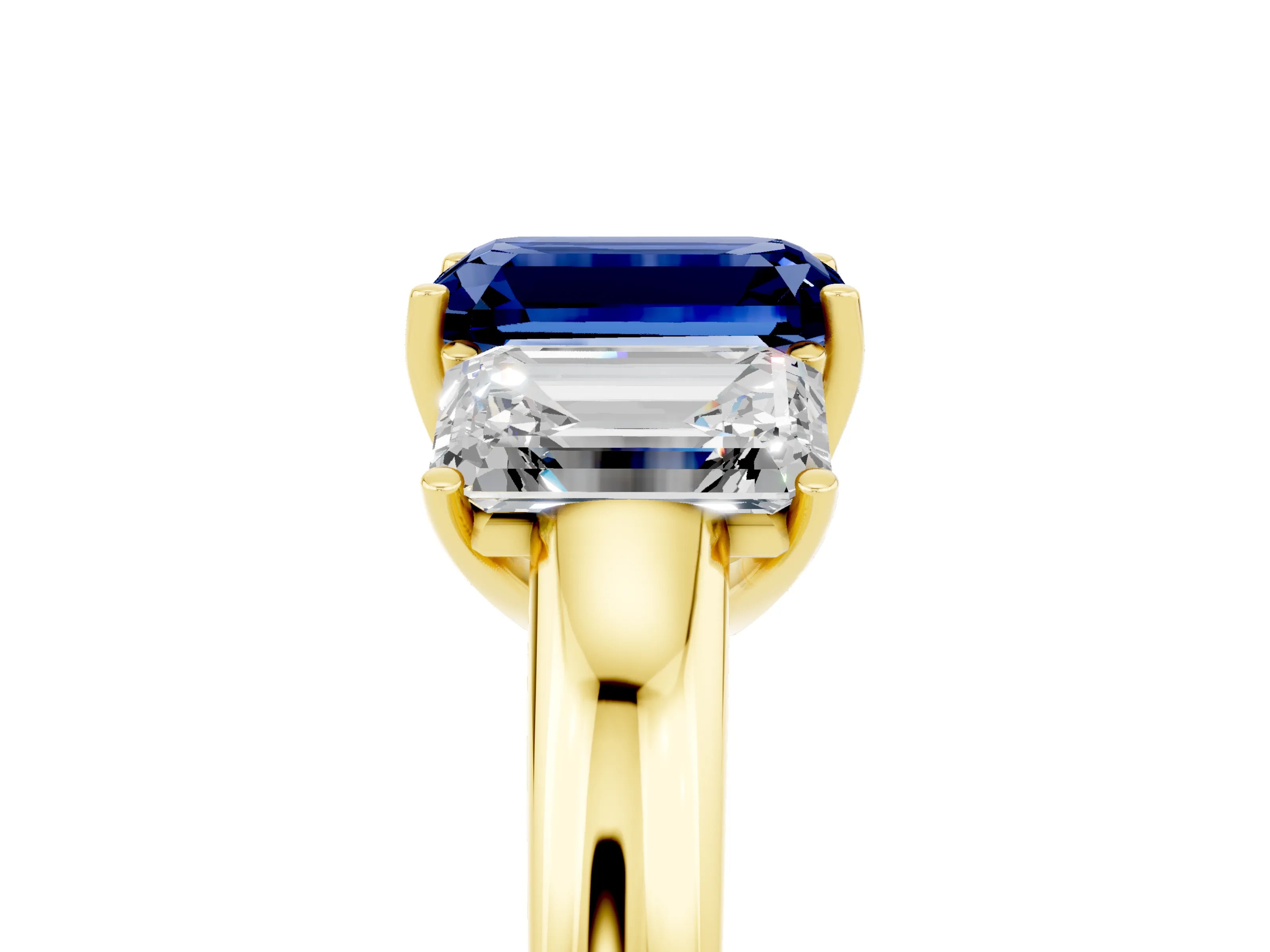 Yellow gold Emerald Cut Blue Sapphire Three-Stone Ring with Four-Prong Setting and Classic Band_5