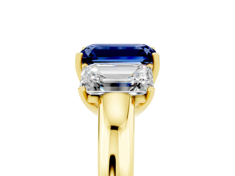 Yellow gold Emerald Cut Blue Sapphire Three-Stone Ring with Four-Prong Setting and Classic Band_5