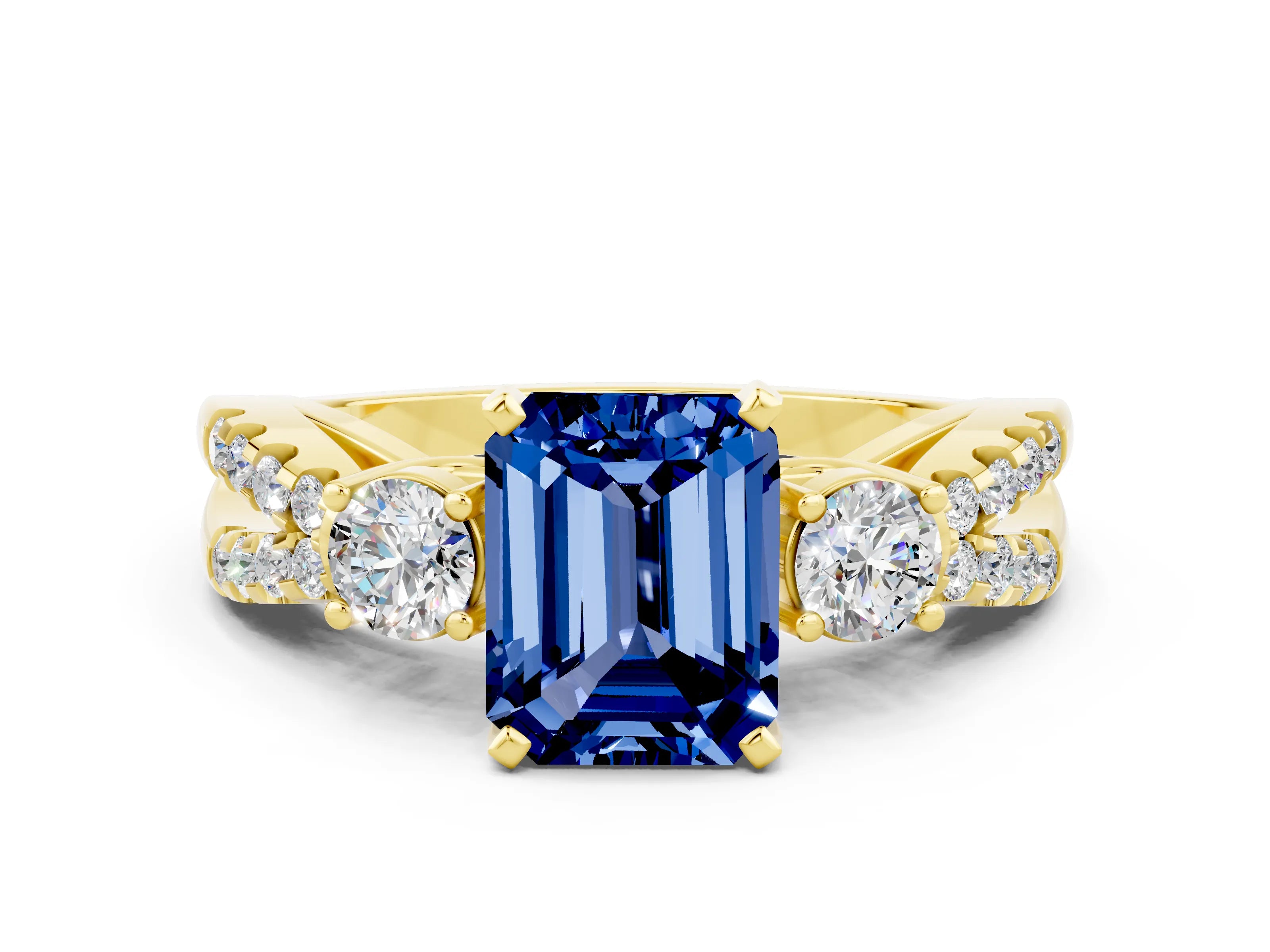 Yellow gold Emerald Cut Blue Sapphire Three-Stone Ring with Pavé Split Shank and Four-Prong Setting