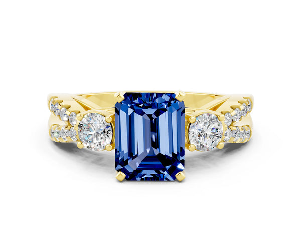 Yellow gold Emerald Cut Blue Sapphire Three-Stone Ring with Pavé Split Shank and Four-Prong Setting