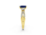 Yellow gold Emerald Cut Blue Sapphire Three-Stone Ring with Pavé Split Shank and Four-Prong Setting_2
