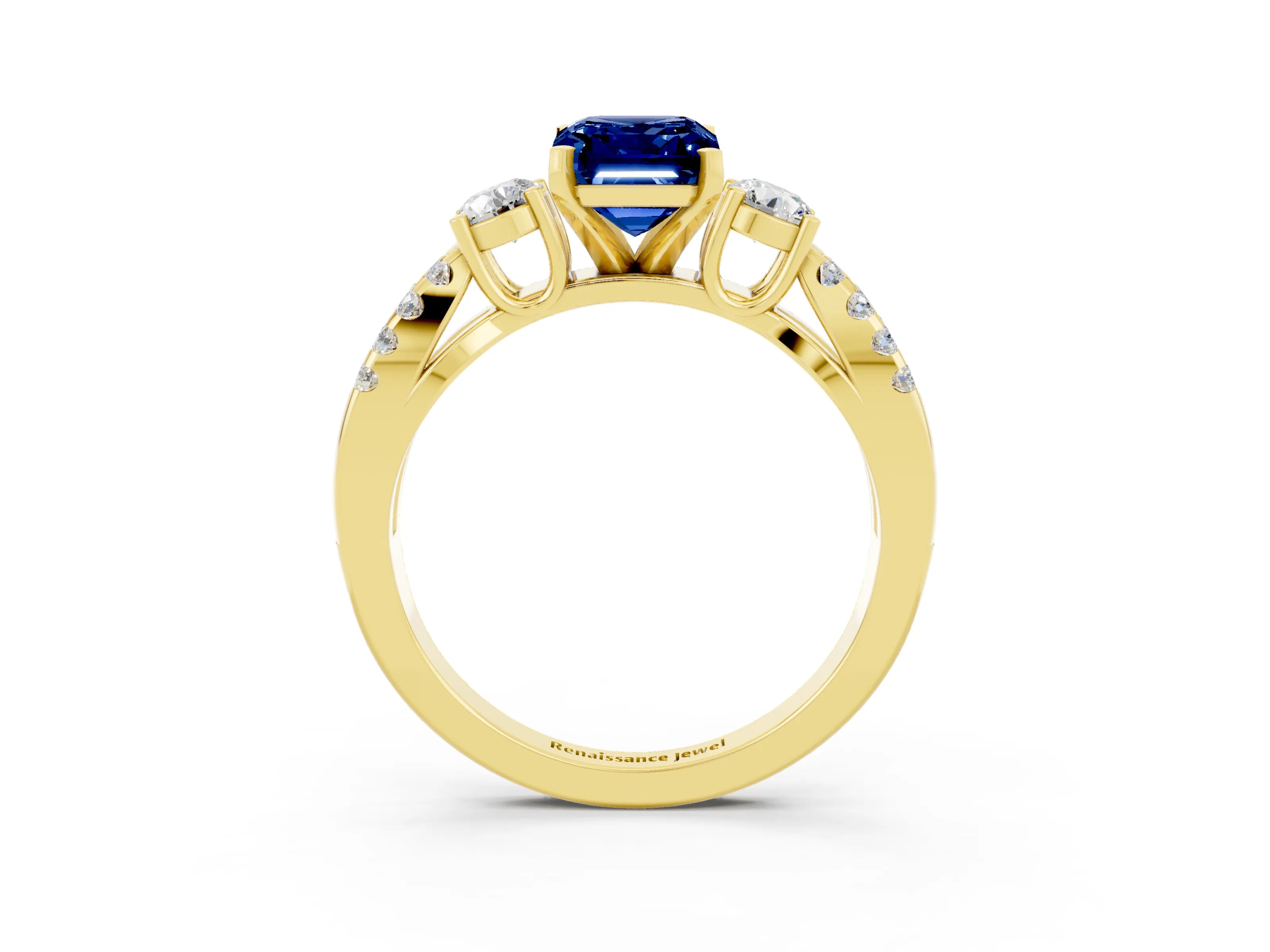 Yellow gold Emerald Cut Blue Sapphire Three-Stone Ring with Pavé Split Shank and Four-Prong Setting_3