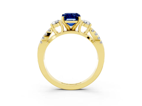 Yellow gold Emerald Cut Blue Sapphire Three-Stone Ring with Pavé Split Shank and Four-Prong Setting_3